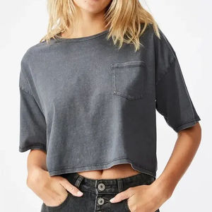 Camiseta de Verano para Mujer, Gris, de Manga Corta, Tejida, de Algodón y Elastano, Cuello Redondo, Corte Regular, Color Sólido, Estilo Urbano, Transpirable - Product Image 1