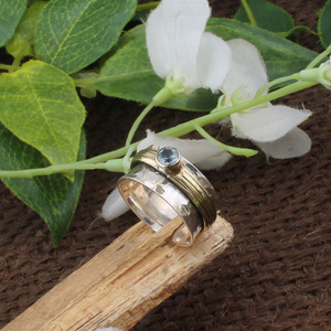 Shree Jaipur Silver Natural Blue Topaz Bezel Set Classic <b>Spinner</b> <b>Ring</b> 925 Sterling Silver Hammered Band Two-Tone Gold Accent - Product Image 4