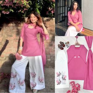 Pink Cotton <b>Kurta</b> With White Palazzo Pants Embroidered Butterflies Loose Fit Traditional <b>Indian</b> Pakistani Women's Casual Set - Product Image 2