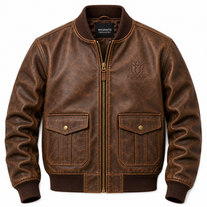 Blouson aviateur pour homme en cuir d'agneau 100% véritable |   Blouson vintage marron à fermeture éclair, col montant, logo embossé, poches utilitaires, style moto - Product Image 1