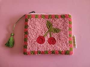 Handmade Beaded Coin <b>Purse</b> Pink Cherry Pouch with Green Tassel <b>Cute</b> Beaded Wallet Fruit Bead Bag Small Gift for Her. - Product Image 4