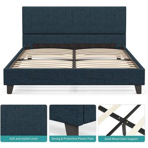 Letto matrimoniale Mecor Queen con piattaforma, testiera imbottita in lino, robuste doghe in legno, facile montaggio, letto imbottito resistente - Product Image 5