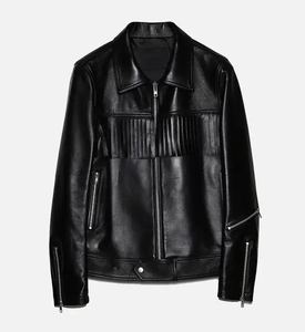 Blouson moto en cuir noir pour homme, col rabattu, fermeture éclair, coupe classique, couleur unie, style motard, vêtement d'automne - Product Image 1