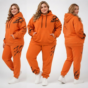 Ensemble sweat à capuche et pantalon de survêtement imprimé écologique pour femme grande taille, en molleton bouclette, décontracté, pour l'hiver - Product Image 4