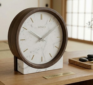 Minimalist Marble Desk <b>Clock</b> Circular Wood Frame Silent Quartz Movement - Product Image 1