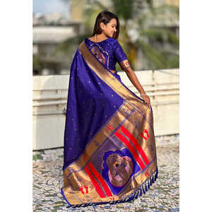 Sari de Seda Paithani Mahalaxmi Tejido con Hilo Zari Violeta, 650g, Tejidos de Primera Calidad, Ropa India y Pakistaní - Product Image 5
