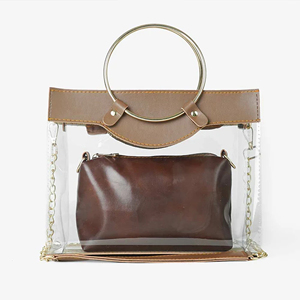 Women's Transparent PVC Tote <b>Bag</b> With Brown Leather Insert Round Handle Chain Strap Modern Style Daily Use - Product Image 1