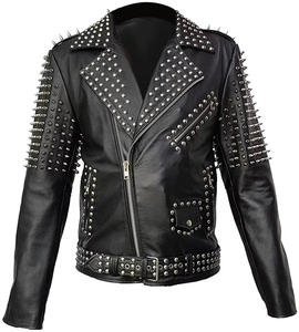 Men's Black PU Leather Biker Jacket With Rivet <b>Decoration</b> Turn-Down Collar Zipper Closure Slim Fit Moto Style Autumn Wear - Product Image 6