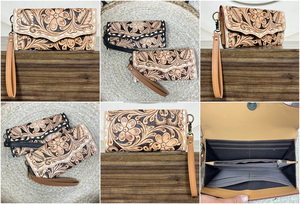 Factory Price Hot Selling Women's Elegant Handcrafted Tooled Leather Wristlet Clutch Floral Pattern <b>Card</b> & Cash <b>Holder</b> Purse - Product Image 3