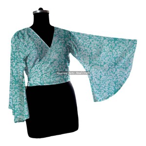 Top indio de algodón para mujer, estilo hippie retro, con lazo en la parte delantera, manga acampanada, estampado floral, informal, para fiesta, talla única - Product Image 2