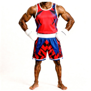 Boxing Set Red Blue Geometric Design Polyester Training Wear With Gloves All Seasons Breathable Shorts And <b>Top</b> - Product Image 1