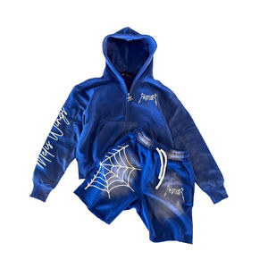 Conjunto de sudadera con capucha y pantalones cortos para hombre, azul vintage, con cremallera, en tres colores, 100% algodón, tejido de felpa. - Product Image 1