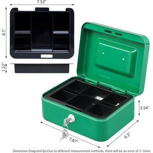 Cassetta Portavalori Verde Media con Vassoio Portamonete e Chiusura a Chiave 7.87"x 6.30"x 3.54" Piccolo Cassetto di Sicurezza per Contanti - Product Image 2