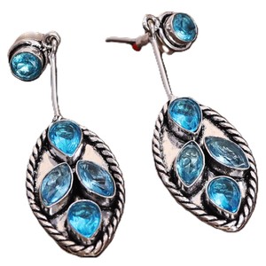 Vintage Oxidized <b>Silver</b> Brass Bezel Setting Dangler Drop <b>Earrings</b> Women | Indian Boho Ethnic Jewelry Blue Crystal Anniversary - Product Image 1