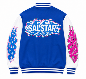 เสื้อแจ็คเก็ตเบสบอลสีน้ำเงินและสีขาวแบบกำหนดเองสำหรับผู้ชาย พร้อมลายปักกราฟิกสีชมพู, เสื้อแจ็คเก็ตบอมเบอร์สไตล์ Letterman สำหรับสตรีทแวร์ ผลิตโดยผู้ผลิตเสื้อแจ็คเก็ตบอมเบอร์ - Product Image 2