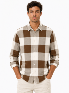 Brown Beige Checkered <b>Plaid</b> <b>Shirt</b> for Men with Long Sleeves Classic Spread Collar Button Front Closure Regular Fit Casual Wear - Product Image 1
