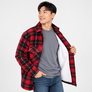 Wholesale New Custom Denim <b>Mens</b> Red Black Plaid Sherpa Lined Winter <b>Jacket</b> Zip Front Casual <b>Warm</b> Flannel Dyed Breathable Custom - Product Image 2
