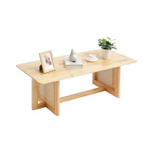 Tavolino da Caffè Moderno Boho Rettangolare 47 Pollici in Rattan Intrecciato con Piano in Legno di Gomma e Vano Contenitore - Product Image 1