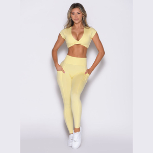 Women <b>Legging</b> Yellow Elastic Waist <b>Leggings</b> <b>With</b> Side <b>Pockets</b> New High Waist Active Wear Gym & <b>Workout</b> <b>Leggings</b> - Product Image 2