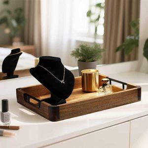 High Demanding Wood <b>Large</b> Rectangular <b>Tray</b> with Black Handles for Breakfast Multipurpose Organizer Decorative Platter Available - Product Image 3