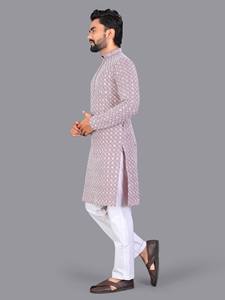 HENIXA CREATION Traje Tradicional Afgano de Piel Sintética con Diseño Chikankari Schifli, Corte Ajustado, Secado Rápido, para Hombre, Invierno y Verano - Product Image 4