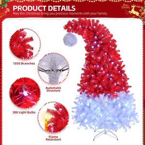 Albero di Natale Pre-Illuminato da 1,8 m con Cappello di Babbo Natale, 300 Luci e 1050 Punte di Rami, Albero di Pino Artificiale con Cerniere in Materiale PE - Product Image 5