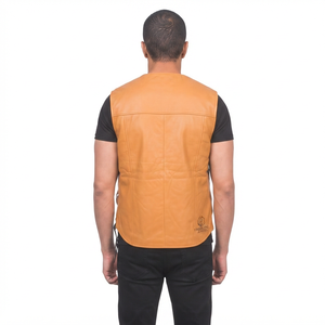 Hashbloom International Men's Custom OEM Sleeveless V-<b>Neck</b> Motorcycle Biker Vest Genuine Leather Anti-Wrinkle Zipper Closure - Product Image 2