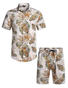 Conjunto de Camisa de Manga Corta con Botones y Pantalones Cortos a Juego con Estampado de Hojas Tropicales para Hombre, Atuendo Ligero Informal de Playa para Verano - Product Image 2