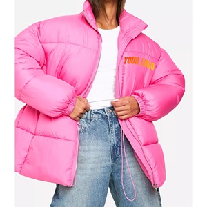 Women's Pink Quilted Jacket Full Sleeve Stand Collar Zipper Closure Logo Front <b>Winter</b> <b>Coat</b> <b>Thick</b> Polyester Wadding - Product Image 1