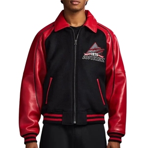 Veste bomber classique en laine noire Avirex pour homme avec col rouge |   Vêtements d'extérieur Heritage Aviation avec logo frontal, streetwear urbain haute visibilité - Product Image 2