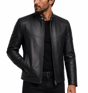 Blouson moto en cuir PU noir pour homme, col montant, fermeture éclair, coupe ajustée, longueur standard, pour l'automne - Product Image 2