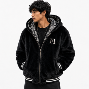 Veste zippée unisexe de haute qualité avec doublure intérieure contrastante en sherpa, coupe ample, bordure en tricot côtelé, poche avant, sweat à capuche en molleton de coton pour homme, USA - Product Image 1