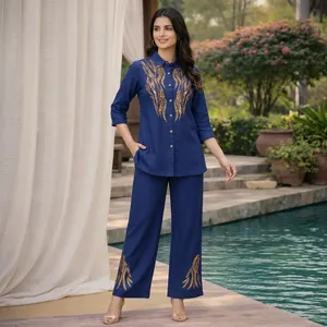Ensemble 2 pièces brodé bleu pour femme, haut et pantalon en coton Oxford à manches trois quarts, coupe ample, élégant, pour toutes les saisons - Product Image 4