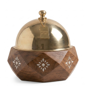 Cazuela de madera The Royal Majlis, plato de madera artesanal para buffet con incrustaciones florales de nácar y tapa de cúpula de acero inoxidable - Product Image 1