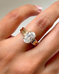3 Carat Oval Lab Grown Diamond Solitaire Engagement <b>Ring</b>, IGI Certified Oval Diamond <b>Ring</b>, Chunky Double <b>Domed</b> Gold Band <b>Ring</b> - Product Image 1