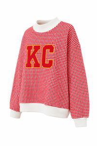 Women's Red Gingham Check Sweatshirt Crew Neck Embroidered KC Letter Casual Autumn Pullover Long Sleeve Knitted Cotton <b>Top</b> - Product Image 2