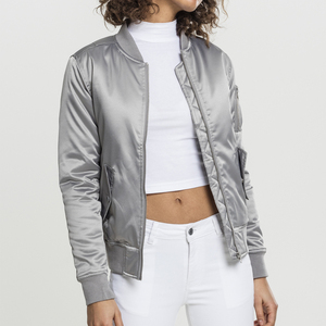 Women's <b>Silver</b> Bomber <b>Jacket</b> Full Sleeve Zipper Closure Turn-down Collar Solid Color Woven Polyester Autumn Outerwear - Product Image 1