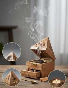 Handcrafted Acacia Wood Pyramid Incense Burner <b>Box</b> | Eco-Friendly Durable Bakhoor Burner with <b>Storage</b> <b>Drawer</b> - Product Image 4