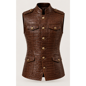 Chaleco de Cuero Marrón para Hombre Maktra 2026, con Estampado de Cocodrilo y Múltiples Bolsillos Delanteros - Product Image 1
