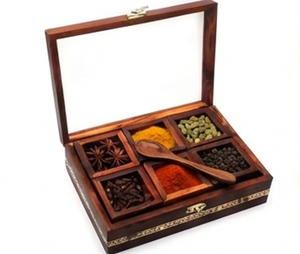 Boîte à épices rectangulaire en bois de qualité supérieure avec 6 compartiments, couvercle transparent, fabrication artisanale, organisateur de rangement rustique pour la cuisine - Product Image 4