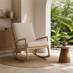 Silla Mecedora Comercial de Teca Sólida para Jardín con Respaldo de Cuerda Trenzada y Asiento Tapizado para Proyectos Hoteleros Importadores de EE. UU. y Europa - Product Image 1