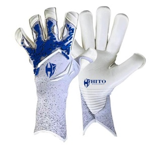 Gants de gardien de but de football en tricot blanc et bleu, design personnalisé, qualité supérieure, sangle élastique allemande de 4 mm, caoutchouc injecté à coupe négative - Product Image 1