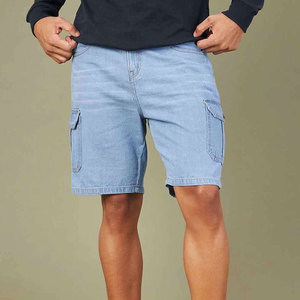 Shorts cargo en coton bleu clair pour homme, taille haute, fermeture boutonnée, décontractés, style bermuda, poches, tissu tricoté respirant, denim - Product Image 1