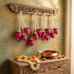 Handmade Indian Traditional Lotus Bud Pearl Solawood Wall Hanging for Diwali Home Office Pooja Room <b>Mandir</b> - Product Image 1