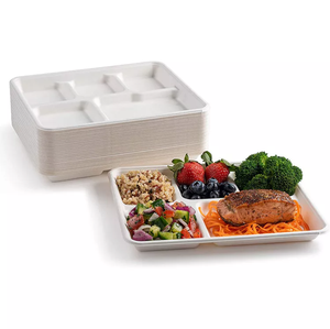Plateau repas carré blanc en bagasse à compartiments pour plats à emporter – Assiettes de service alimentaire modernes - Product Image 1