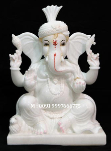 Escultura de sentado de Lord Ganesh Ji, mármol blanco pulido con mushakaj - Product Image 3
