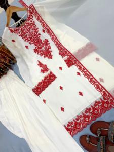 White Cotton Salwar Kameez With <b>Red</b> Embroidery Loose Fit Ankle Length Traditional Indian Pakistani Women's Casual Wear - Product Image 3