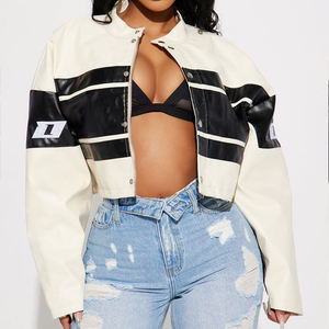 Chaqueta de Motociclista Corta de Cuero Genuino para Mujer, Personalizada, con Cuello Alto y Bordado de Parches Estilo Urbano, Relleno de Algodón - Product Image 3