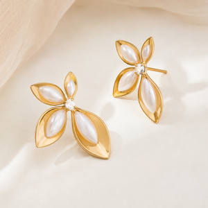 Bijoux de mode, boucles d'oreilles clous en acier inoxydable plaqué or 18 carats, forme carrée, ovale, navette, perle, fleur en plexiglas - Product Image 4