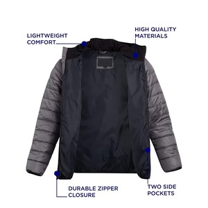 Men's Hooded Canvas Puffer Jacket Solid Gray Polyester Windproof Casual Winter <b>Coat</b> with Zipper Closure and Front Pockets - Product Image 2